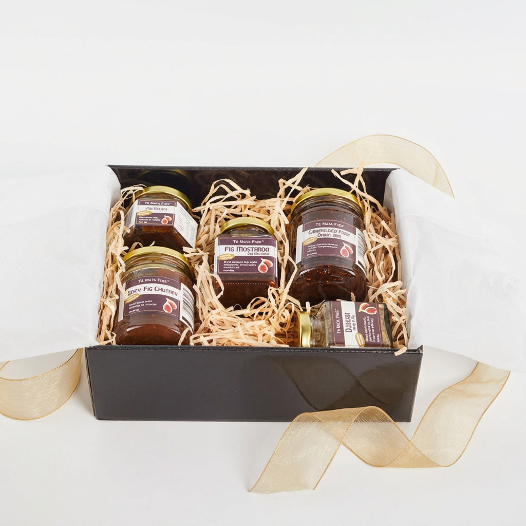Classic Fig BBQ Box contents with wide gold organza ribbon