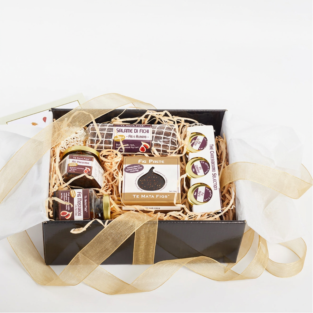 Classic Fig Box contents with wide gold organza ribbon