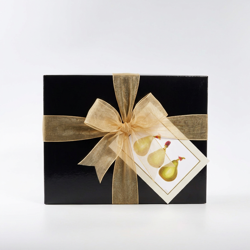 
                  
                    Black gift box with wide gold organza ribbon and centred bow
                  
                